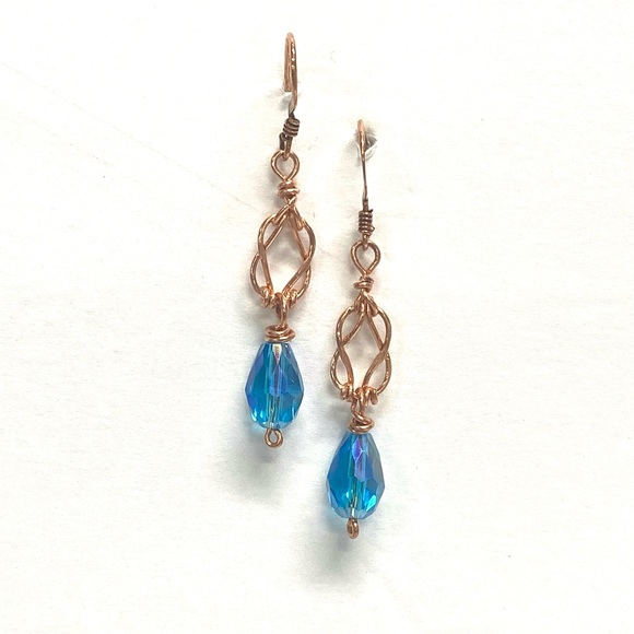 HANDMADE Love Knot Dangle Earrings Hand Wrapped Bare Copper and Crystal Jewelry - Picture 3 of 10
